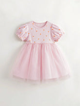 Young Girls' Sweet Fruit Print Mesh Splice Bubble Sleeve Round Neck Dress For Summer